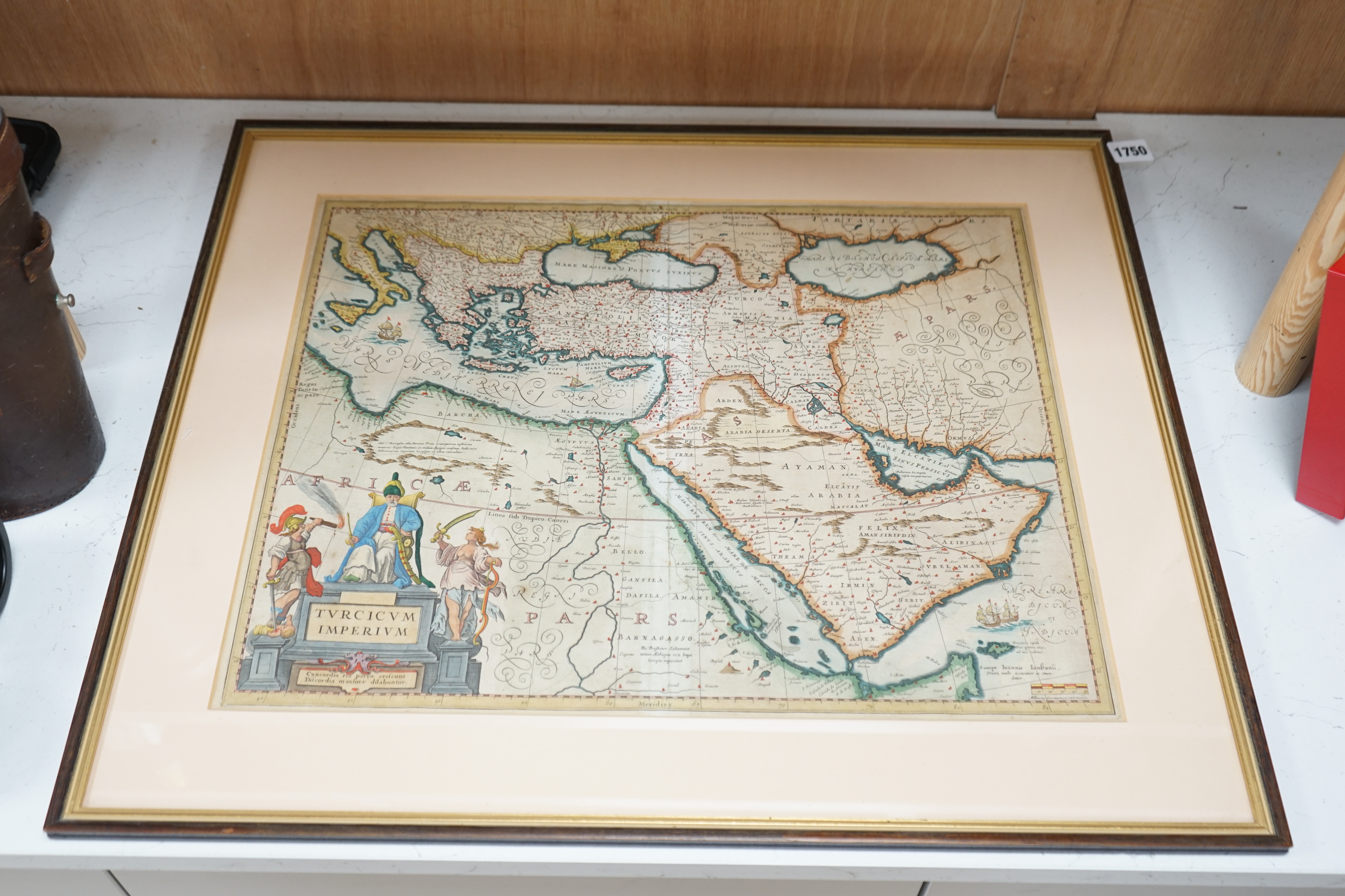 After Jan Jansson (1588-1664), hand coloured engraved map of The Turkish Empire, 41 x 52cm. Condition - fair, crease to centre, some browning and light foxing